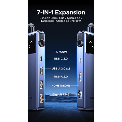 Hub USB-C 7 en 1 / USB-C a HDMI 4K 60Hz / 2x USB-A 3.0 + USB-C 3.0 + USB-A 2.0 / Gigabit Ethernet / PD 100W / Cable 20 cm (7.9 in)