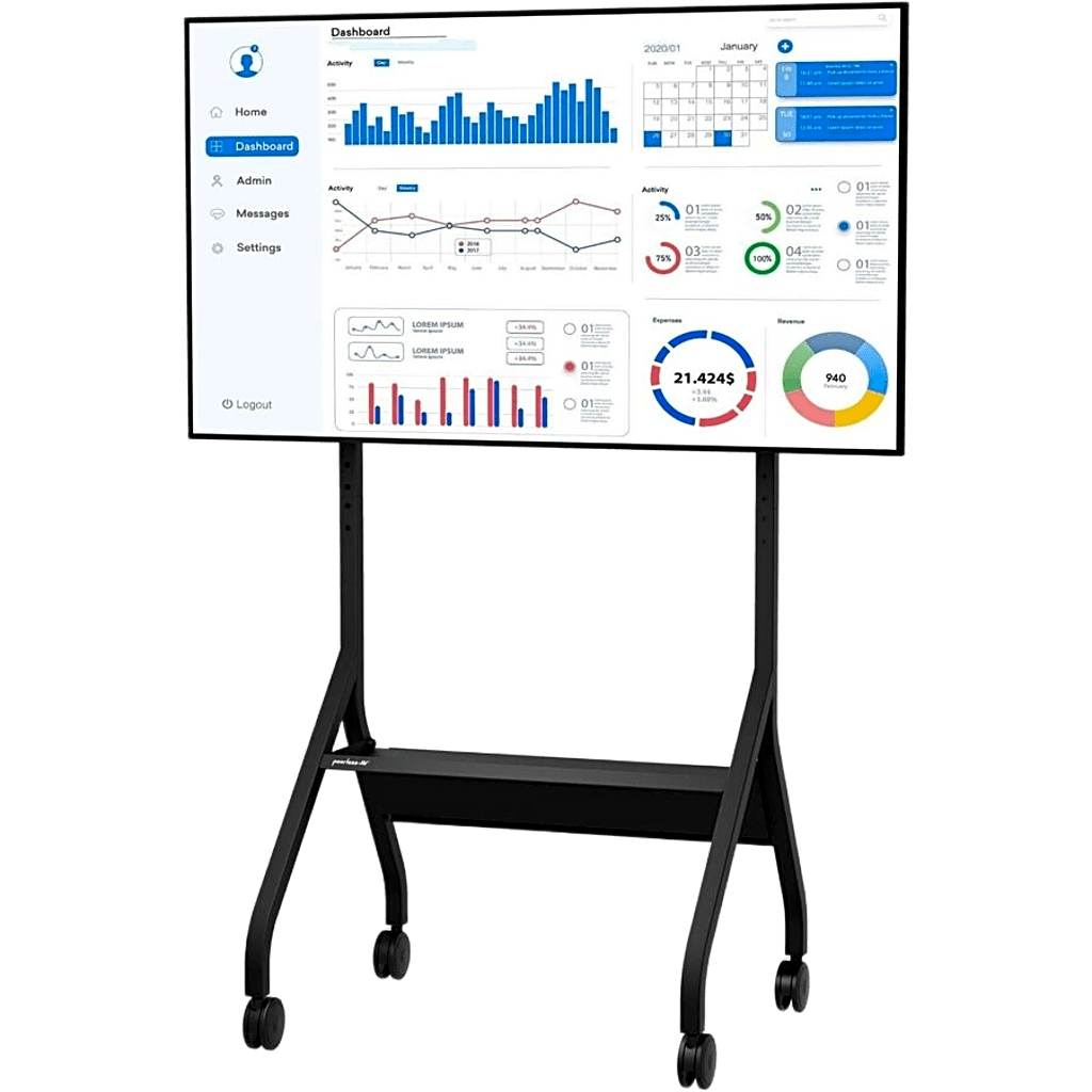 Carro Móvil para Pantalla Plana / 43" a 75"+ Displays / Altura Ajustable 49.8"-65.8" (126.5-167.1 cm) / Capacidad 150 lb (68 kg) / 4 Ruedas Dobles 4" (102 mm) / Gestión de Cableado Interno / Estructura Tubular / Incl