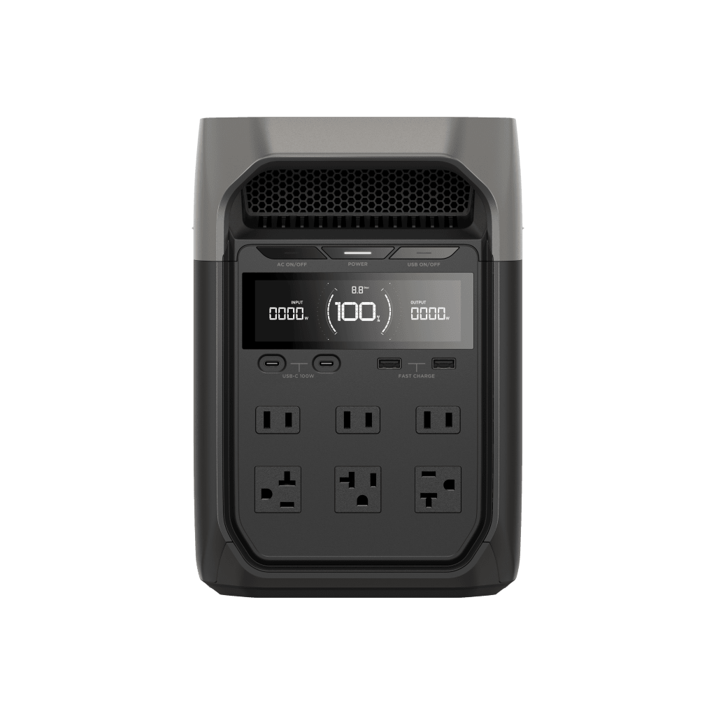 Estación de Energía Portátil Delta 3 1024Wh Litio LFP / 6 AC 1800 W (Max. 2200W) / 2 USB-C 100W / Capacidad para Aumentar Respaldo / Cargador de Coche 10A a 12.6V / Conectividad WiFi y Bluetooth (App) / Carga Solar 500W Max.