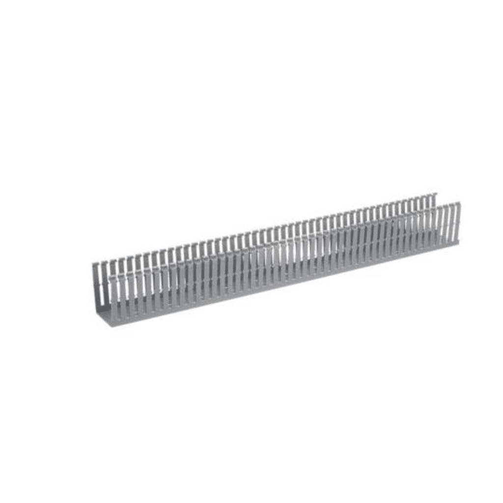 Canaleta Ranurada de PVC sin Tapa, Tipo F, 2.25 in de Ancho, 3.14 in de Alto y 1800 mm de Largo, Color Gris