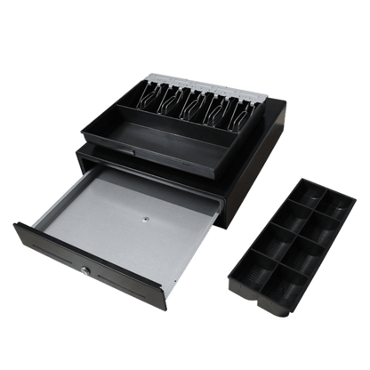 Cajón para Efectivo / Serie MK / Push Open / Insertos Ajustables Billetes y Monedas / Cubierta de Acero / Operación Manual