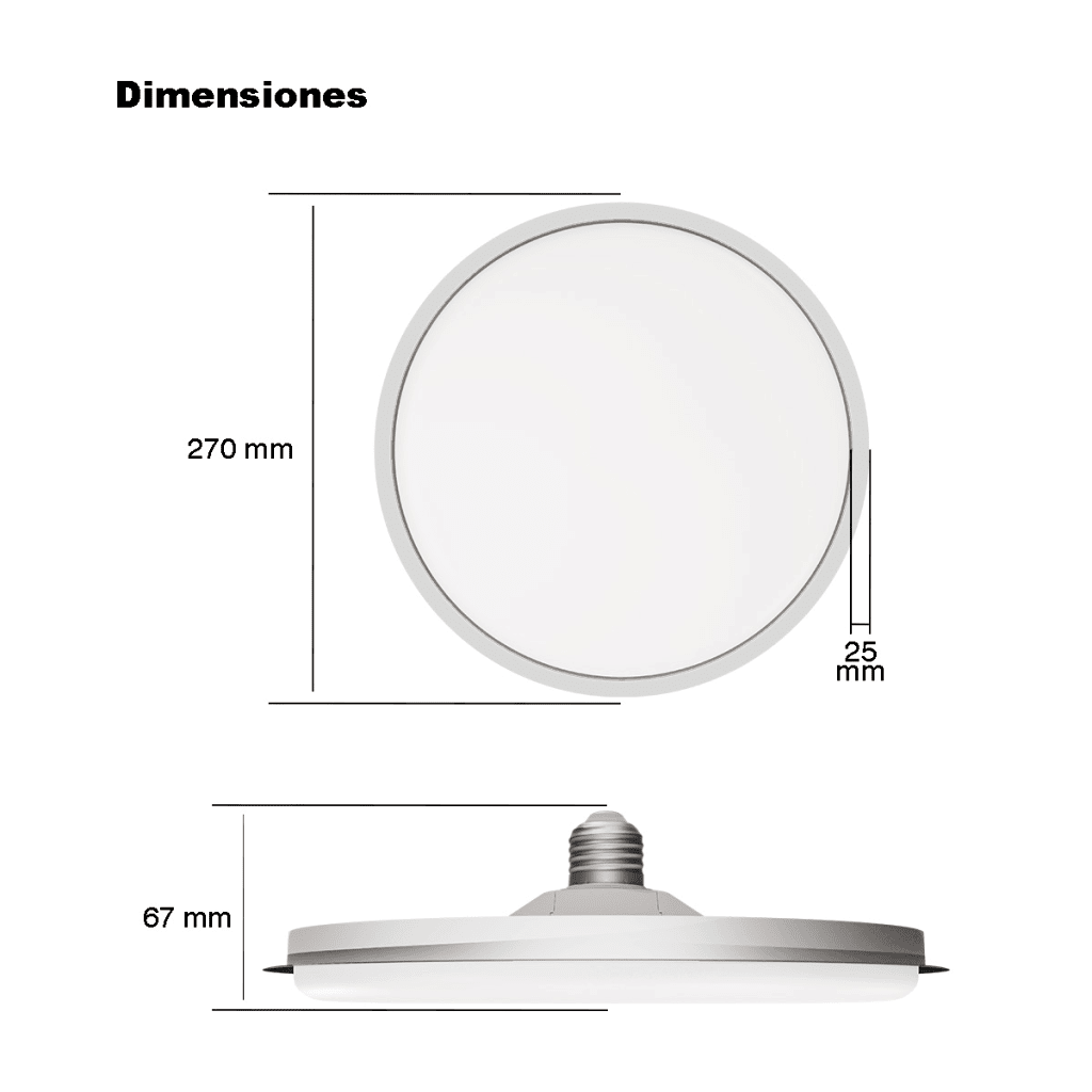Foco LED Tipo Plafón de 38W 3300 Lúmenes / IP20 /Uso Interior / Base E27 / Temperatura de Color 6500 K / Angulo de Luz 140°