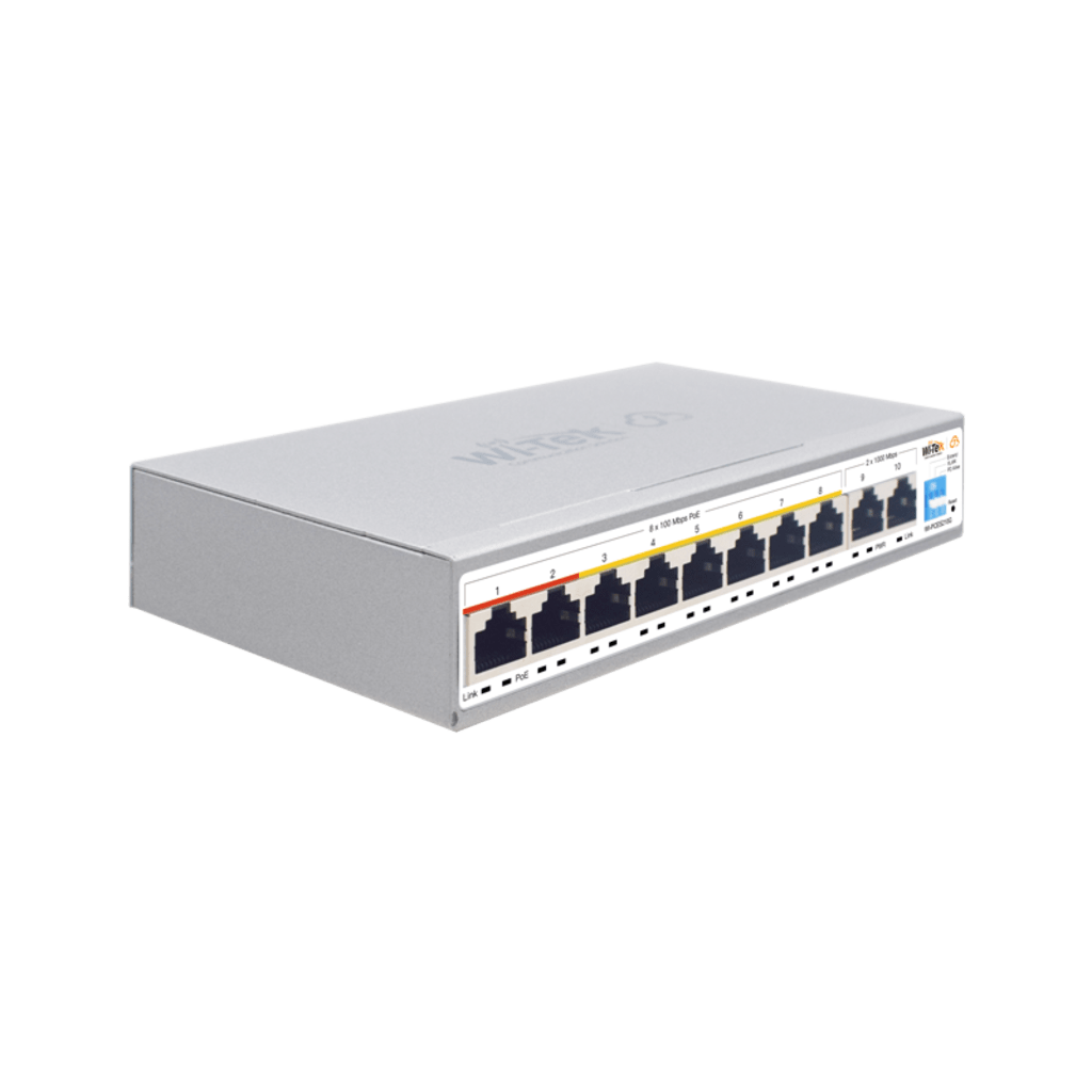 Switch PoE / Administración en la nube / Con 8 puertos 10/100 Mbsp PoE af/at / 2 Puertos Uplink 10/100/1000 Mbps /  Presupuesto 100 W / PoE hasta 250 metros / Soporta protocolo ONVIF