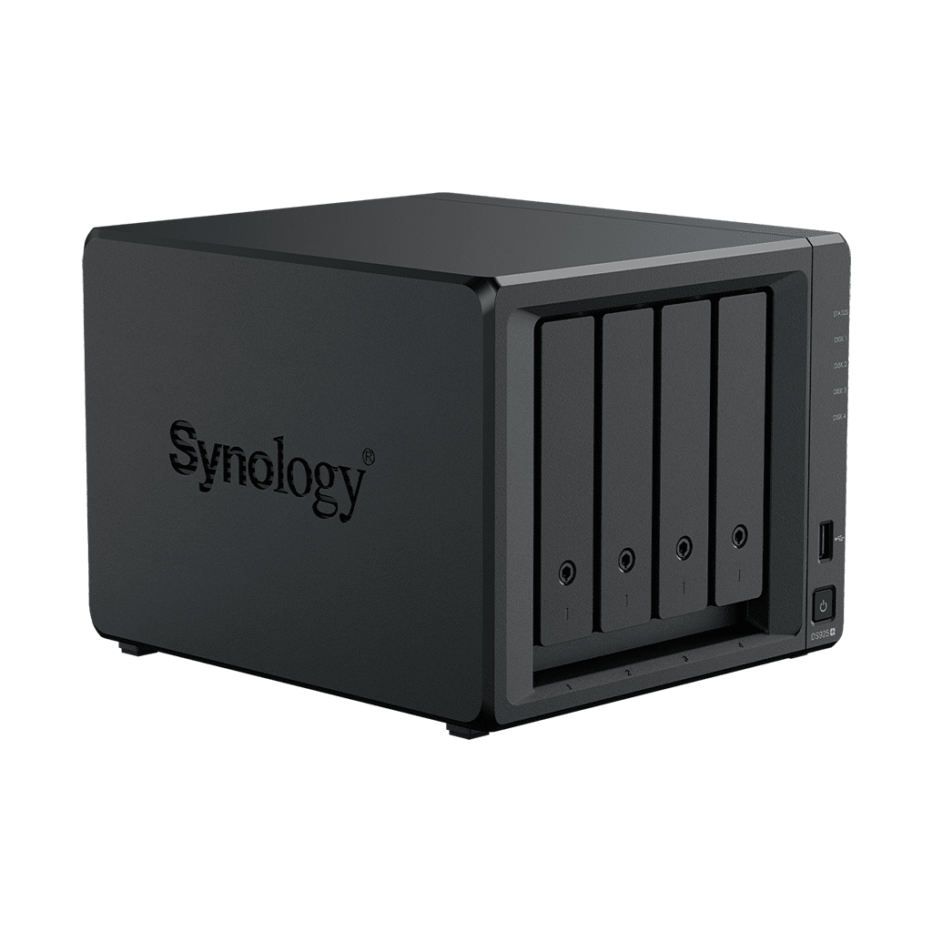 NAS DiskStation DS925+ | 4 Bahías | Expandible a 9 Bahías | 2 Puertos 2.5GbE | 2 Ranuras M.2 NVMe | AMD Ryzen V1500B | 4 GB DDR4 ECC | Hasta 565 MB/s Escritura Secuencial | Compatible con RAID | Synology DSM.