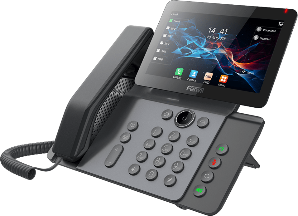 Teléfono IP Empresarial V66 Prime, Pantalla Táctil Color 7 Pulgadas, Audio HD Opus, Video 1080p, Wi-Fi 6, Bluetooth 5.4, 20 Líneas SIP, 6-Way Conference, PoE, Material Antibacterial