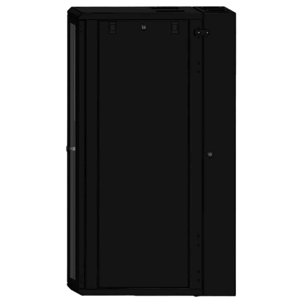 Gabinete Rackeable 24 UR / 19 Pulgadas / Puerta de Cristal / Acero Calibres 18 y 22 / Montaje en Pared / Capacidad de Carga 80 Kg / Pintura Electroestática Negra / Abatible 120° / Laterales Removibles
