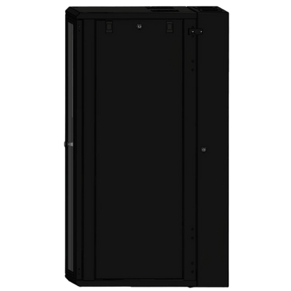 Gabinete Rackeable 24 UR / 19 Pulgadas / Puerta de Cristal / Acero Calibres 18 y 22 / Montaje en Pared / Capacidad de Carga 80 Kg / Pintura Electroestática Negra / Abatible 120° / Laterales Removibles