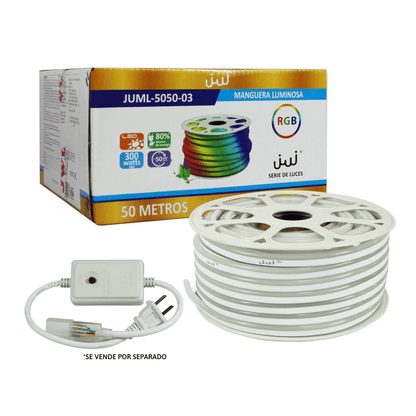 Manguera Luminosa LED Neón RGB / 50 Metros / IP65 Interior-Exterior / Corte Cada 100 cm / 300W Máximo / 120° Ángulo de Luz / Libre de Mercurio