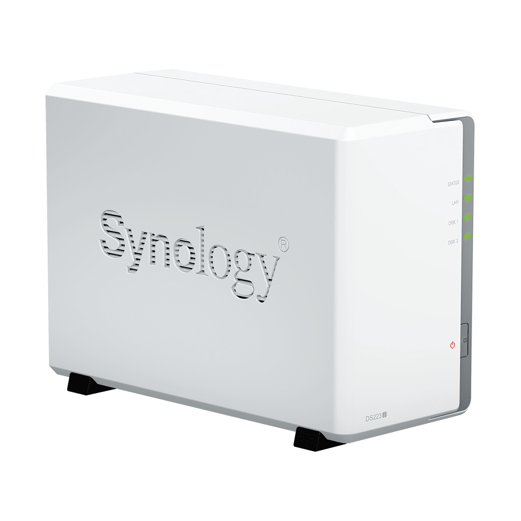 NAS DiskStation DS223j | 2 Bahías | CPU Realtek RTD1619B 1.7 GHz | 1 GB DDR4 | Puerto 1GbE RJ-45 | USB 3.2 Gen 1 | Compatible con HDD y SSD | Synology DSM | RAID 0, 1, JBOD | SMB, AFP, NFS, FTP | Vigilancia IP