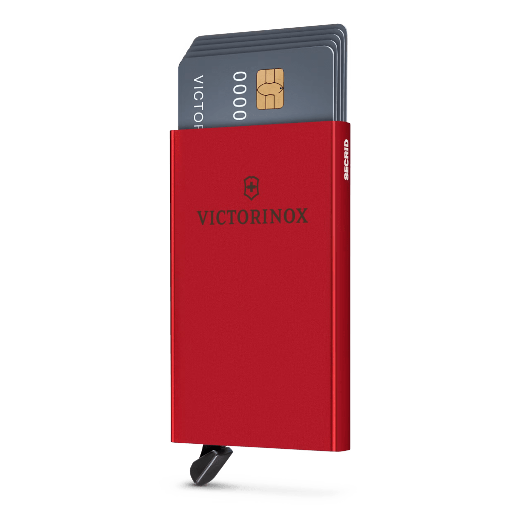 Tarjetero / Almacenamiento Seguro 4-6 Tarjetas / Aluminio Duradero / Protección RFID / Sistema Deslizamiento Patentado / Color Rojo.