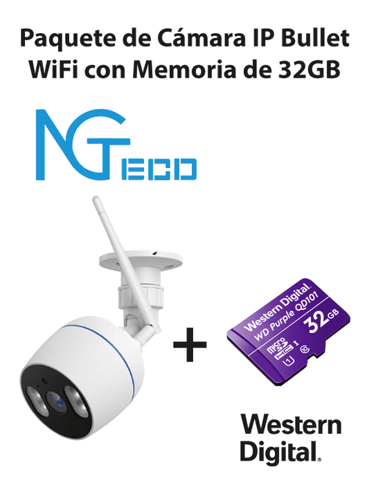 Paquete de Cámara NGC501 IP Bullet WiFi 1080P con Memoria de 32GB Micro SDHC/ Linea Purple/ Clase 10 U1