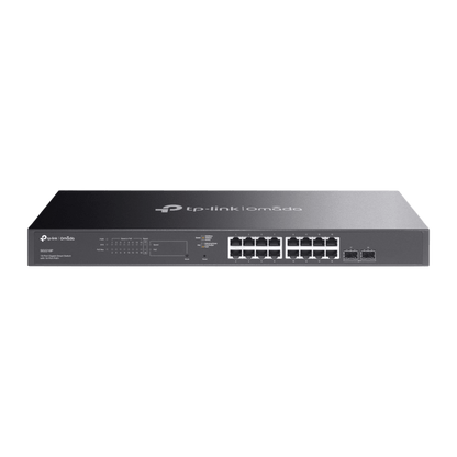 Switch Smart Omada 18 Puertos Gigabit / 16 Puertos PoE+ 802.3af/at / 2 Ranuras SFP Gigabit / Presupuesto PoE 150 W / Switching 36 Gbps / Enrutamiento Estático L2+ / Gestión Cloud SDN / Fanless / Montable en Rack
