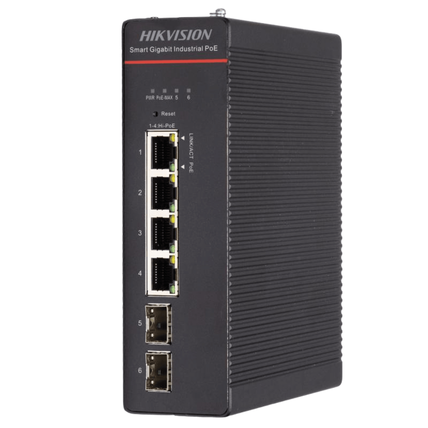 Switch Industrial / Administrable Gigabit / 4 Puertos Gigabit HiPoE (90 W) / 2 Puertos SFP / 300 W Total / 48 a 57 VCD / Ideal para Proyectos / 300 Metros de Distancia