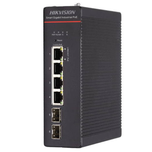 Switch Industrial / Administrable Gigabit / 4 Puertos Gigabit HiPoE (90 W) / 2 Puertos SFP / 300 W Total / 48 a 57 VCD / Ideal para Proyectos / 300 Metros de Distancia