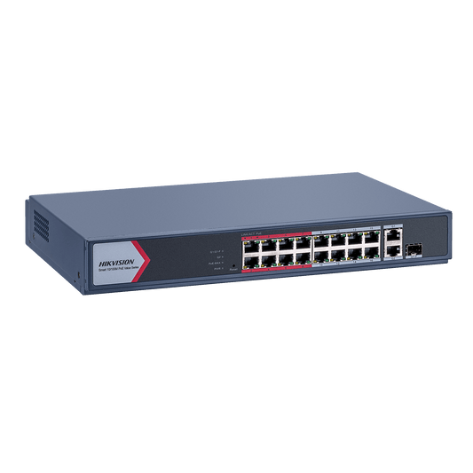 Switch PoE+ / Monitoreable / 16 Puertos 10/100 Mbps PoE+ / 2 Puertos 1000 Mbps Uplink / 1 Puerto SFP Uplink / Modo Extendido hasta 300 Metros / 130 W