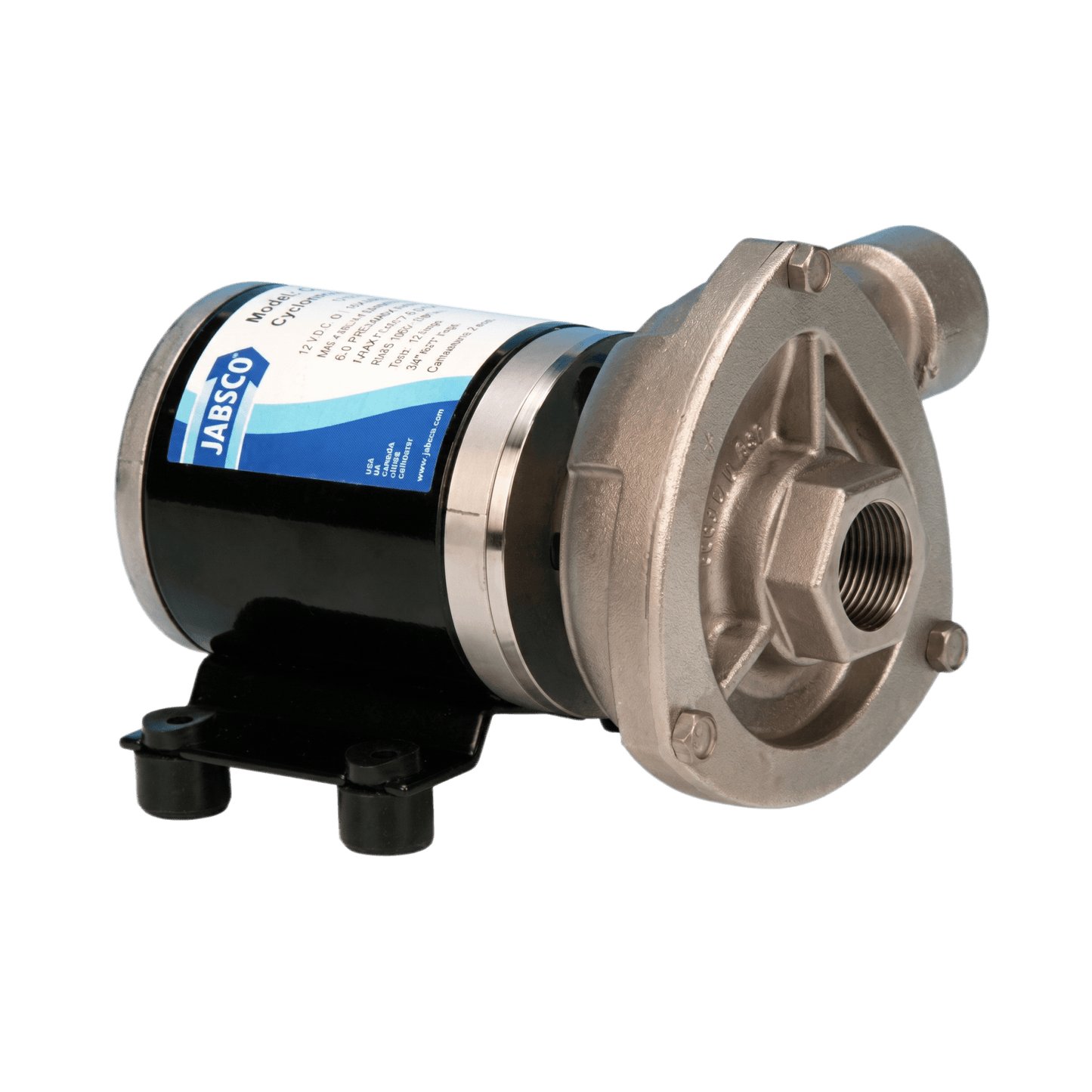 Bomba centrifuga Cyclone de baja presión a 24 Vcd, caudal de hasta 29 GPM, presión máxima de 8.7 psi, en acero inoxidable.