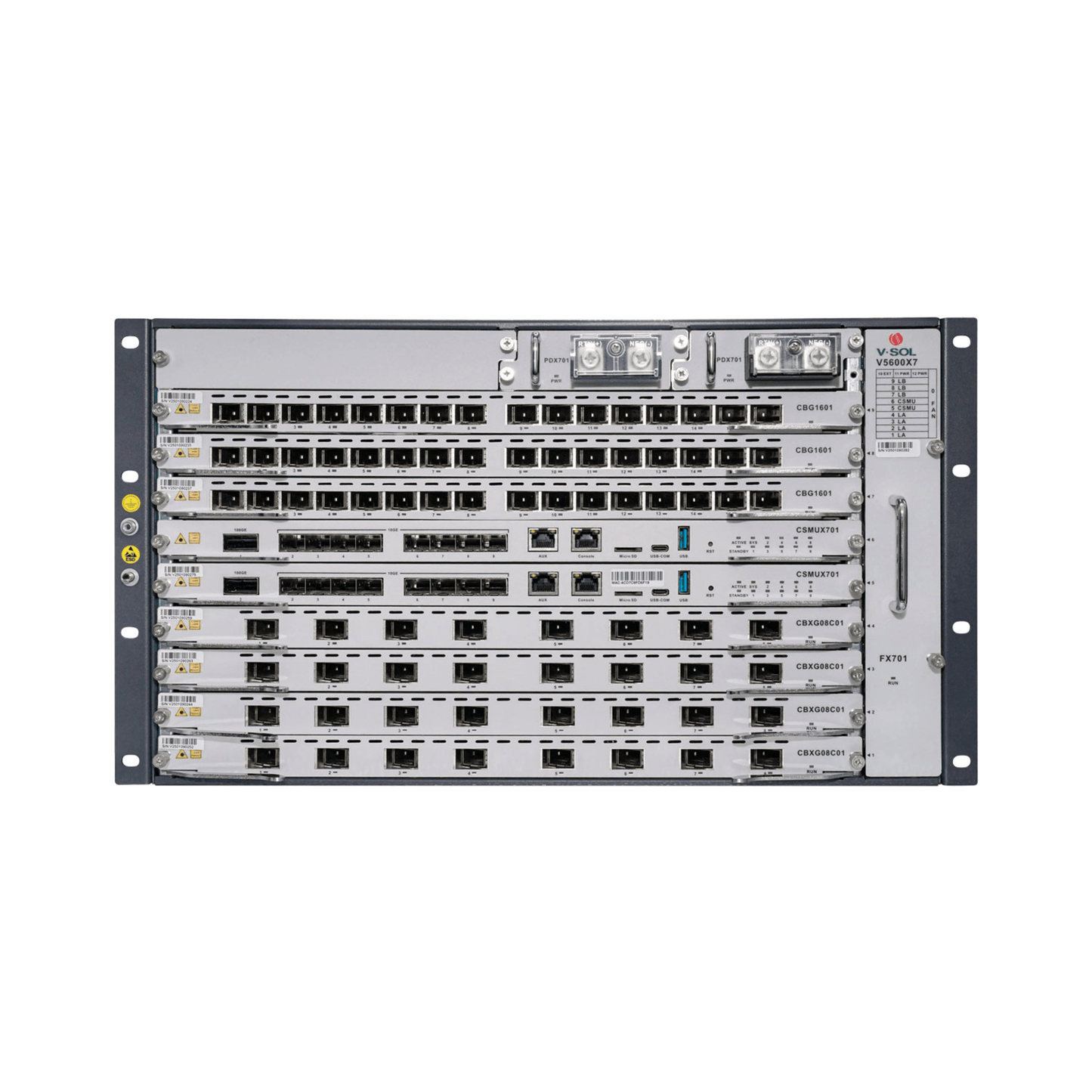 OLT Modular tipo Chasis GPON/XGS-PON Combo, 7 Ranuras de Servicio, Incluye 1 Tarjeta de Servicio de 16 puertos GPON