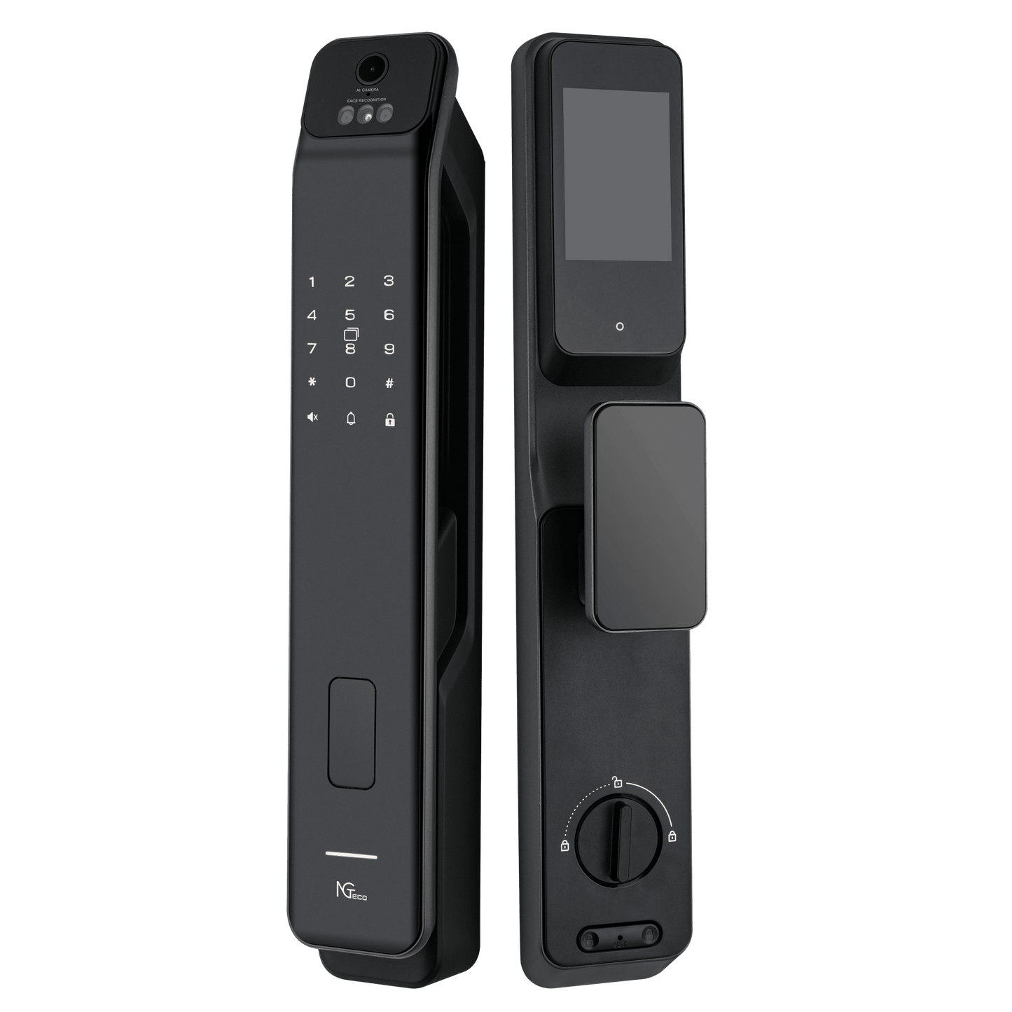 Cerradura Inteligente / Reconocimiento de Venas de la Palma / Reconocimiento Facial / Huella Dactilar / Video Intercom Bidireccional / Wi-Fi 2.4 GHz / App NGTeco Home / Auto Apertura y Cierre / Timbre Integrado / Aluminio / Puerta 45-60 mm (1.77-2.36 in)