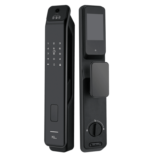 Cerradura Inteligente / Reconocimiento de Venas de la Palma / Reconocimiento Facial / Huella Dactilar / Video Intercom Bidireccional / Wi-Fi 2.4 GHz / App NGTeco Home / Auto Apertura y Cierre / Timbre Integrado / Aluminio / Puerta 45-60 mm (1.77-2.36 in)