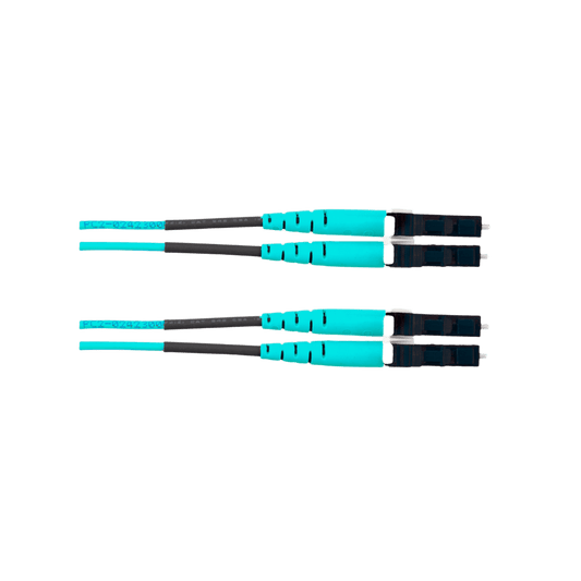 Jumper de Fibra Optica Multimodo 50/125 OM4, LC-LC Duplex, OFNR (Riser), Color Aqua, 25 Metros