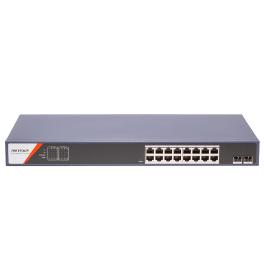 Switch PoE+ / Administrable / 16 Puertos 1000 Mbps PoE+/ 2 Puertos SFP / Configuración Nube desde Hik-PartnerPro / Modo Extendido hasta 300 Metros / 230 W
