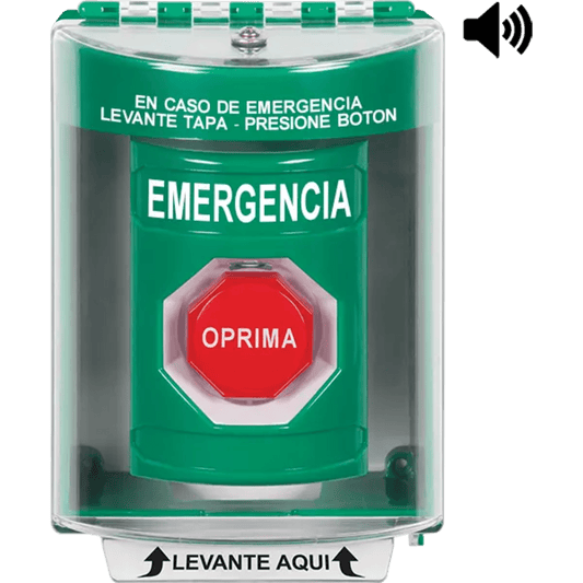 Botón Multipropósito, Color Verde, De Superficie con Espaciador, C/Tapa De Policarbonato, C/Bocina Pre Alarma, Interior/Exterior, Llave Para Restablecer, Texto De Emergencia, Español