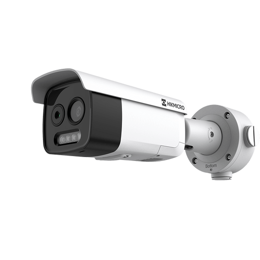 (HIKMICRO) Bala IP Bi-Espectral / Térmica (160 X 120 / 9.7 mm) + Óptica (5 MP / 12.4 mm) / GUANLAN AI / Detección Térmica de Incendios y Humos / Medición de Temperatura -20° a 150°C / ± 8°C Margen / VC