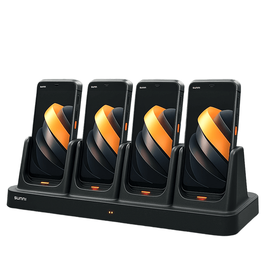 Base de Carga 4 Bahías / Carga Simultánea / Pogo Pins Directos / Indicadores LED Individuales / Diseño Vertical / Compatible SUNMI L3 / Gestión de Flotas