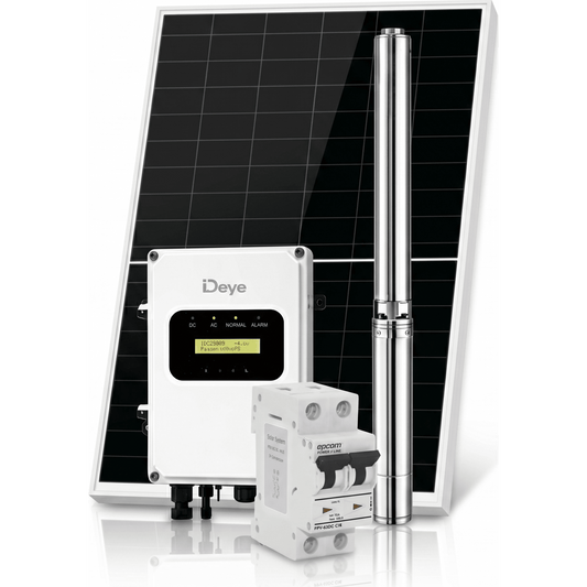 Kit de Bombeo Solar 1500W (1 HP) / Bomba Sumergible con Controlador Integrado 60-220V CD / 4 Módulos Solares 540W / Interruptor Termomagnético 2P 20A 800V CC / Protector de Descargas Atmosféricas / Gabinete IP66
