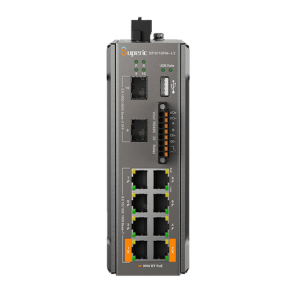 Switch de Red SP3010FM-L2 (V3) / 8 Puertos 10/100/1000Mbps PoE / 2 Puertos SFP 1000M/2.5Gbps / 240W PoE Budget / 26Gbps Capacidad de Conmutación / 19.3Mpps Tasa de Reenvío / DIN-Rail, Pared, Escritorio / -40℃~75℃ / CE, FCC, RoHS, UKCA, R