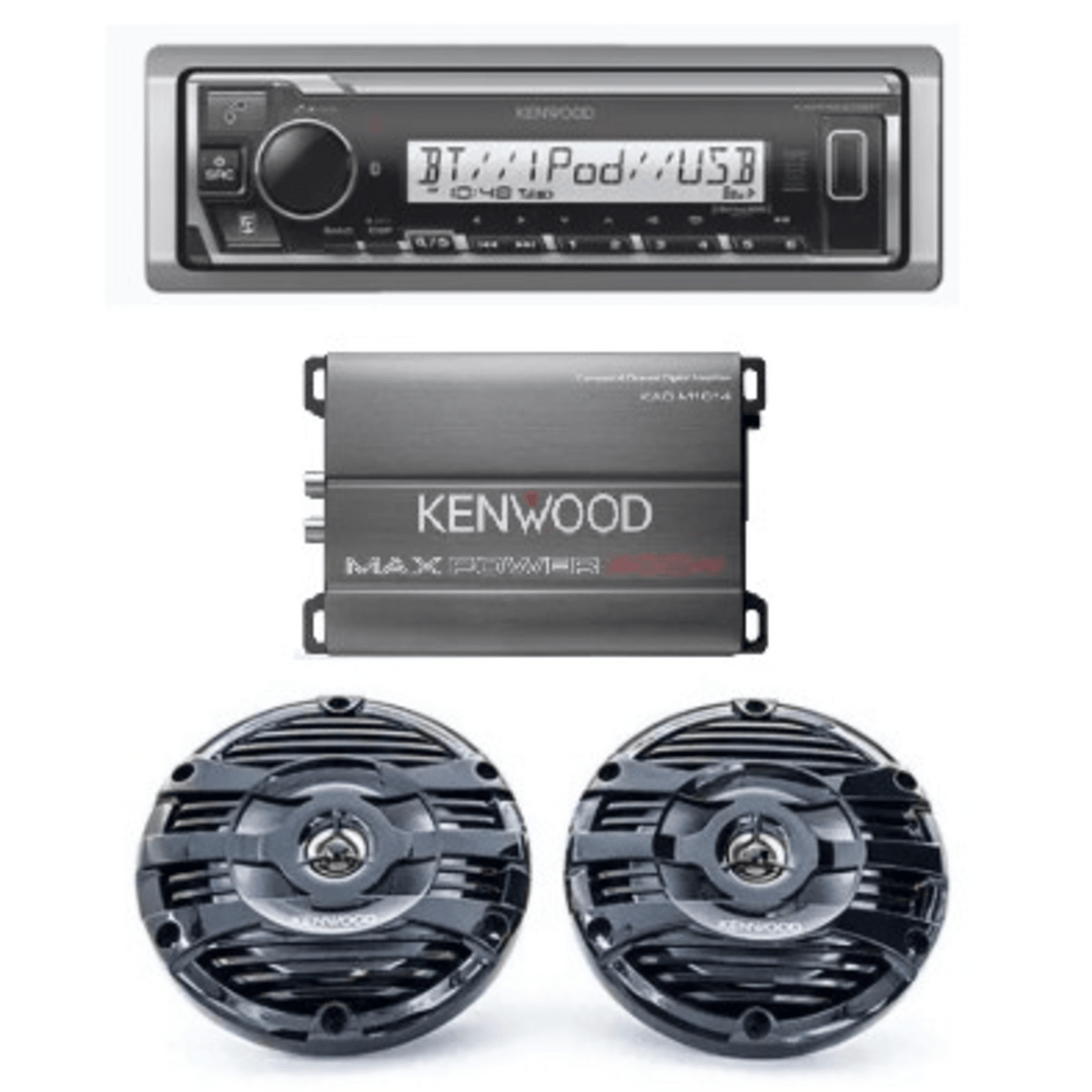 Kit de estéreo con Bluetooth KMR-M332BT | Amplificador KAC-M1814  | más Par de bocinas KFC-1653MRB