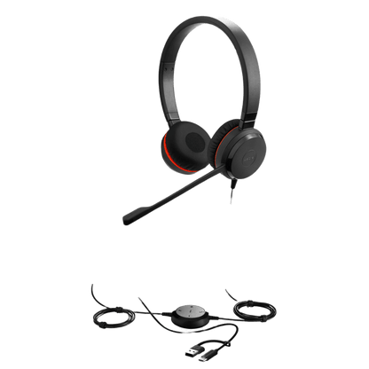 Jabra Evolve 30 II Duo con conexión USB C/A y 3.5mm, micrófono con cancelación de ruido y controlador en el cable con botones e indicadores LED (5399-829-369))