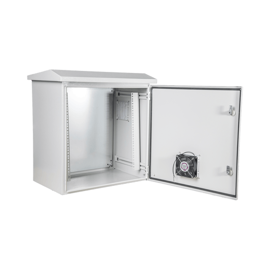 Kit Gabinete Ventilado de Acero, Montaje Rack 19" 11U, IP55 Uso en Exterior (593 x 609 x 399 mm) con Placa Trasera Interior Metálica y Compuerta Inferior Atornillable. Incluye Ventilador, Ventilas, filtros, Terminal de Tierra Física, Ch