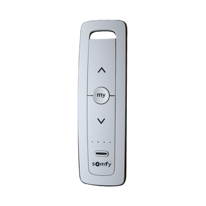 Control remoto 5 canales para motores de persiana Somfy con señal inalámbrica, instrucciones: sube, baja y detener, con posición favorita programada.