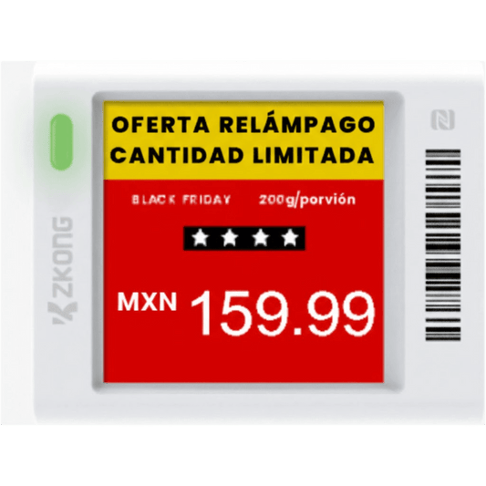 Etiqueta Electrónica de Estantería ESL 1.5" / Pantalla EPD Gráfica Matriz de Puntos 152x152 píxeles / 4 Colores (Negro Blanco Rojo Amarillo) / BLE 5.0 con Encriptación AES-128 / Autonomía 3 Años con 4
