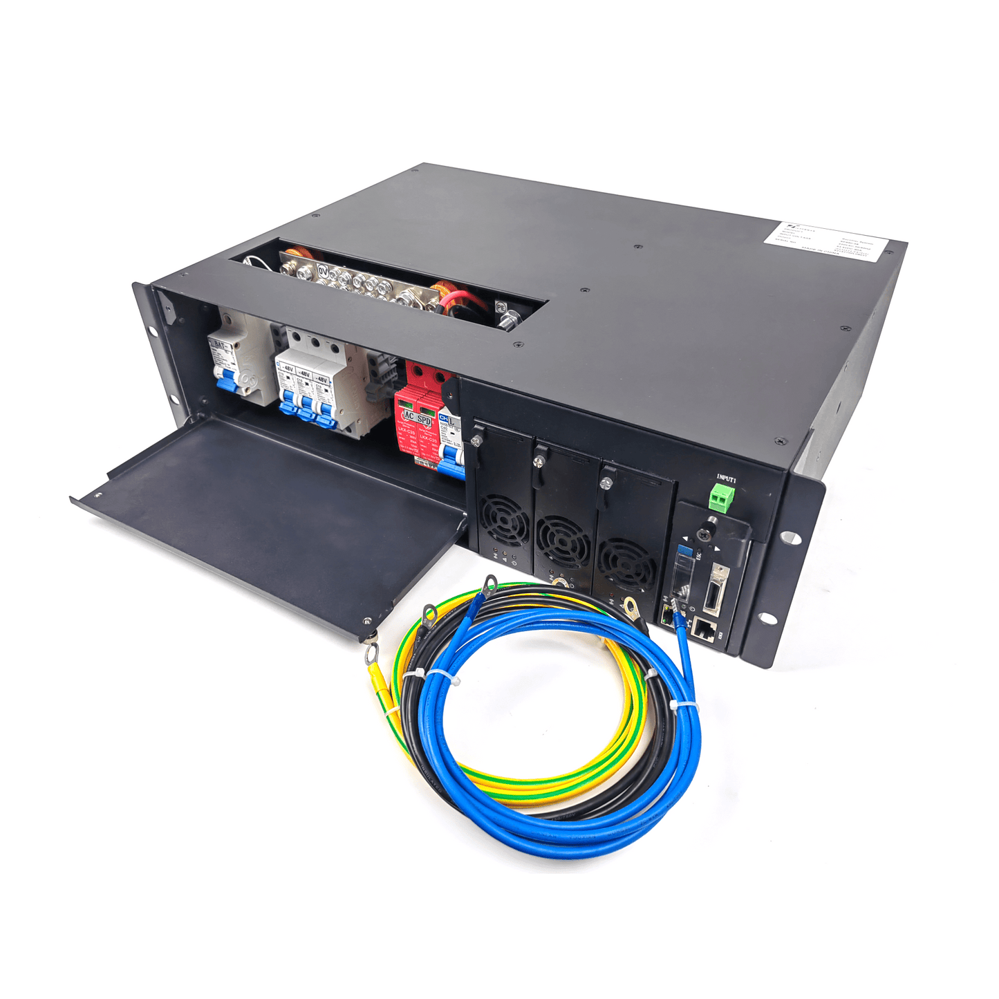 Rectificador de Energía AC 110 Vac / –48 V de Alta Eficiencia, 90 A y 5400 W, 3 UR para Telecomunicaciones como equipos OLT´s Modulares