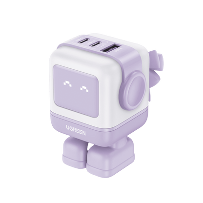 Cargador RobotGaN de 65W Serie UNO | 3 Puertos de Carga Rápida | 2 USB-C | 1 USB-A | PD 3.0 | QC 4.0 | Carga Inteligente | Tecnología GaN II | Zapato Magnético Extraíble | Carcasa Ignífuga | Pantalla LED