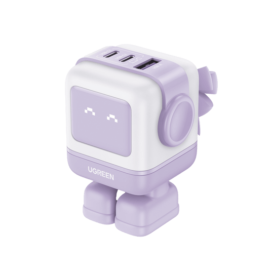 Cargador RobotGaN de 65W Serie UNO | 3 Puertos de Carga Rápida | 2 USB-C | 1 USB-A | PD 3.0 | QC 4.0 | Carga Inteligente | Tecnología GaN II | Zapato Magnético Extraíble | Carcasa Ignífuga | Pantalla LED