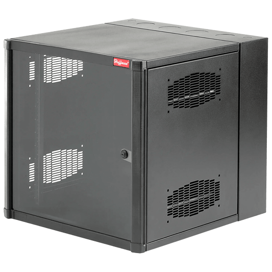 Gabinete AccessPlus de 12 UR Montaje en Pared de 19in, Rieles Numerados y Roscados #10-32, Puerta con Ventana de Seguridad, 620 mm de Ancho, 953 mm de Profundidad, Color Negro