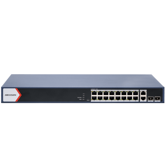 Switch Gigabit PoE+ / Monitoreable / 16 Puertos 1000 Mbps PoE+ / 2 Puerto 1000 Mbps de Uplink / 2 Puerto SFP /  Configuración Nube desde Hik-PartnerPro / Modo Extendido hasta 300 Metros / 125 Watts