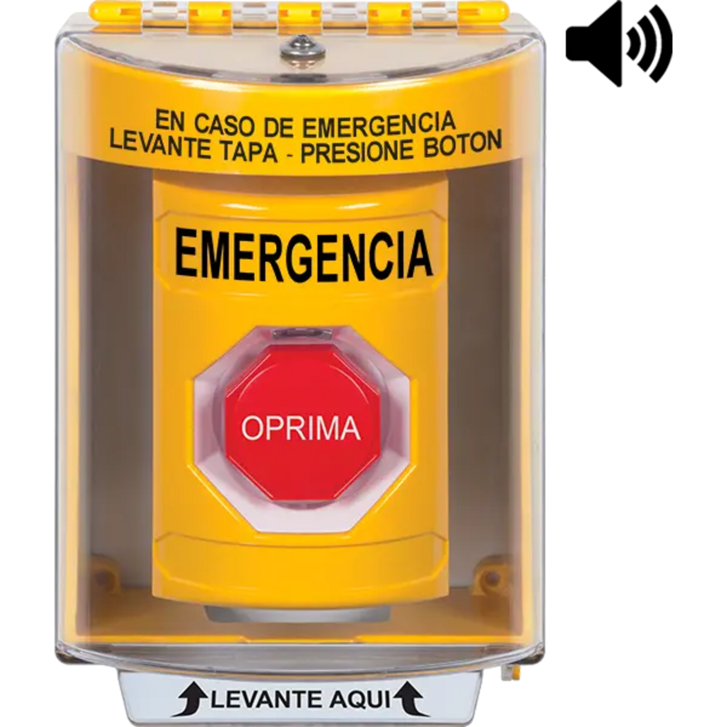 Botón Multipropósito, Color Amarillo, De Superficie con Espaciador, C/Tapa De Policarbonato, C/Bocina Pre Alarma, Interior/Exterior, Llave Para Restablecer, Texto De Emergencia, Español