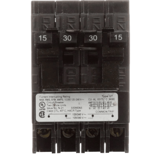 Interruptor automático CUADRUPLEX enchufable tipo QT 2 polos dobles, 30-20 amp