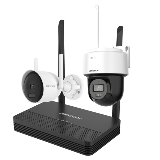Kit IP Inalámbrico 2 Megapíxel / NVS 4 Canales / 1 Cámara Bala Exterior + 1 Cámara Turret Interior con Lente 2.8 mm y Dual Light / Audio Bidireccional (Micrófono y Bocina) / Soporta Micro SD de 512 GB