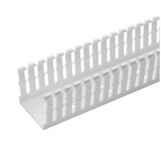 Canaleta Ranurada de PVC Sin Tapa, Tipo F, 57.2 mm de Ancho, 104.1 mm de Alto y 1.8 m de Largo, Color Blanco