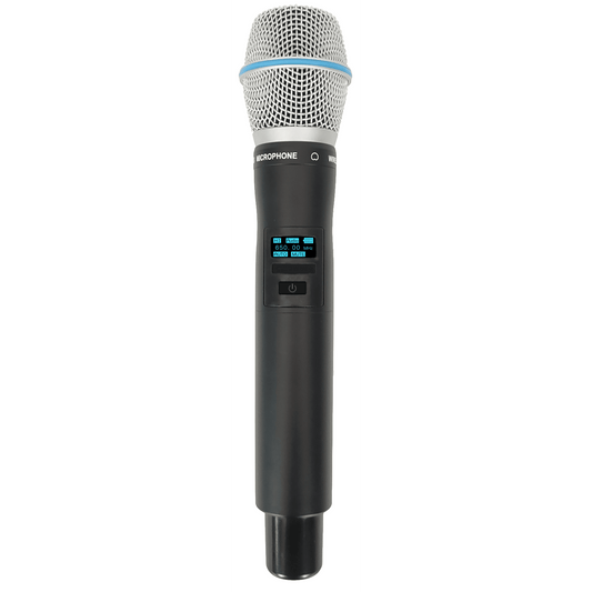 Micrófono Mano Inalámbrico EP-59H | Rango Frecuencia 470-510MHz, 540-590MHz, 640-690MHz, 807-830MHz | Potencia Salida ≥10dBm | Autonomía >10 Horas | Mute Automático por Caída | Display OLED | 7 Niveles Potencia Aju