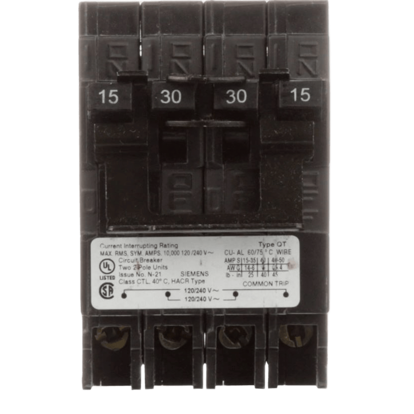 Interruptor automático CUADRUPLEX enchufable tipo QT 2 polos dobles, 30-30 amp