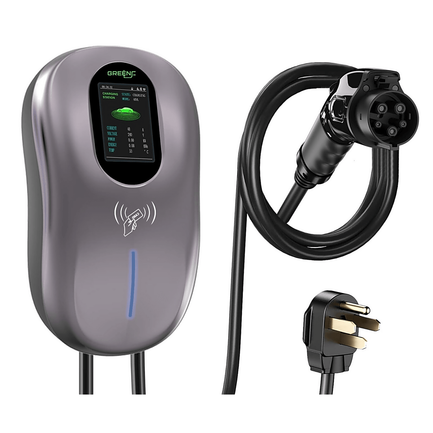 Estación de Carga para Vehículos Eléctricos / 40 A / 9.6 kW / Conector Tipo 1 (SAE J1772) / 110-240 V AC / Pantalla LCD 4.3 in (10.9 cm) / WiFi / APP / RFID / IP65 / Cable TPE 5 m (16.4 ft)