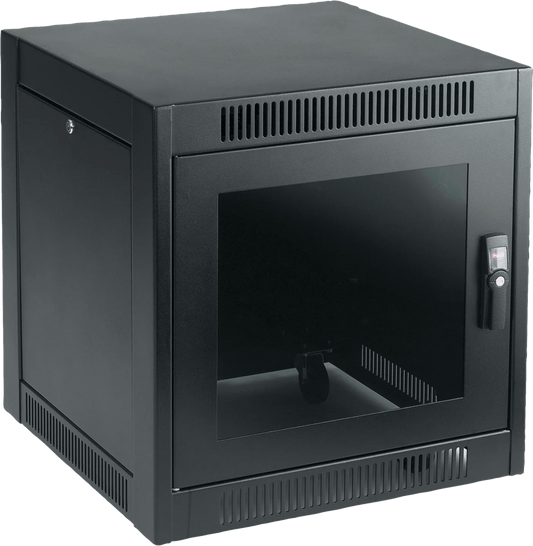 Gabinete SOHO, 11U, 700 x 600 x 600 mm, Acero Negro RAL 9005, Ruedas, Puertas Cerradas, Sistema de Enfriamiento Pasivo, Base Abierta con Respiro, Montaje Bajo Escritorio
