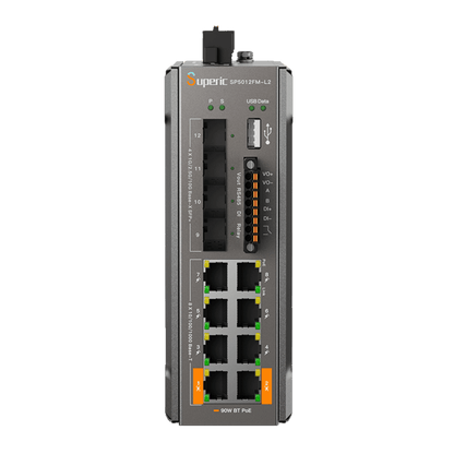 Switch de Red SP5012FM-L2 (V2) / 8 Puertos 10/100/1000Mbps PoE / 4 Puertos SFP 1000M/2.5G/10Gbps / Capacidad de Conmutación 96Gbps / Alimentación Dual DC / Instalación DIN-rail, Pared o Escritorio / Certificaciones CE, FCC, RoHS, UKCA