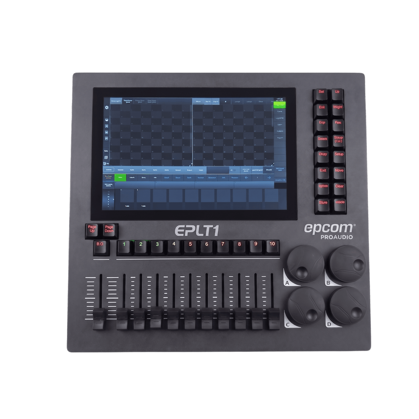 Consola de Iluminación DMX EPLT1 / 2 Universos  / Pantalla 10.1" Multitáctil / 10 Faders + 4 Ruedas / WiFi Integrado / Flight Case Incluido